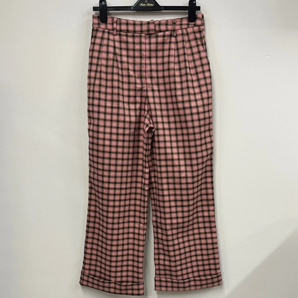 Anthropologie FRNCH Pink and Black Plaid Wide Leg Pants S